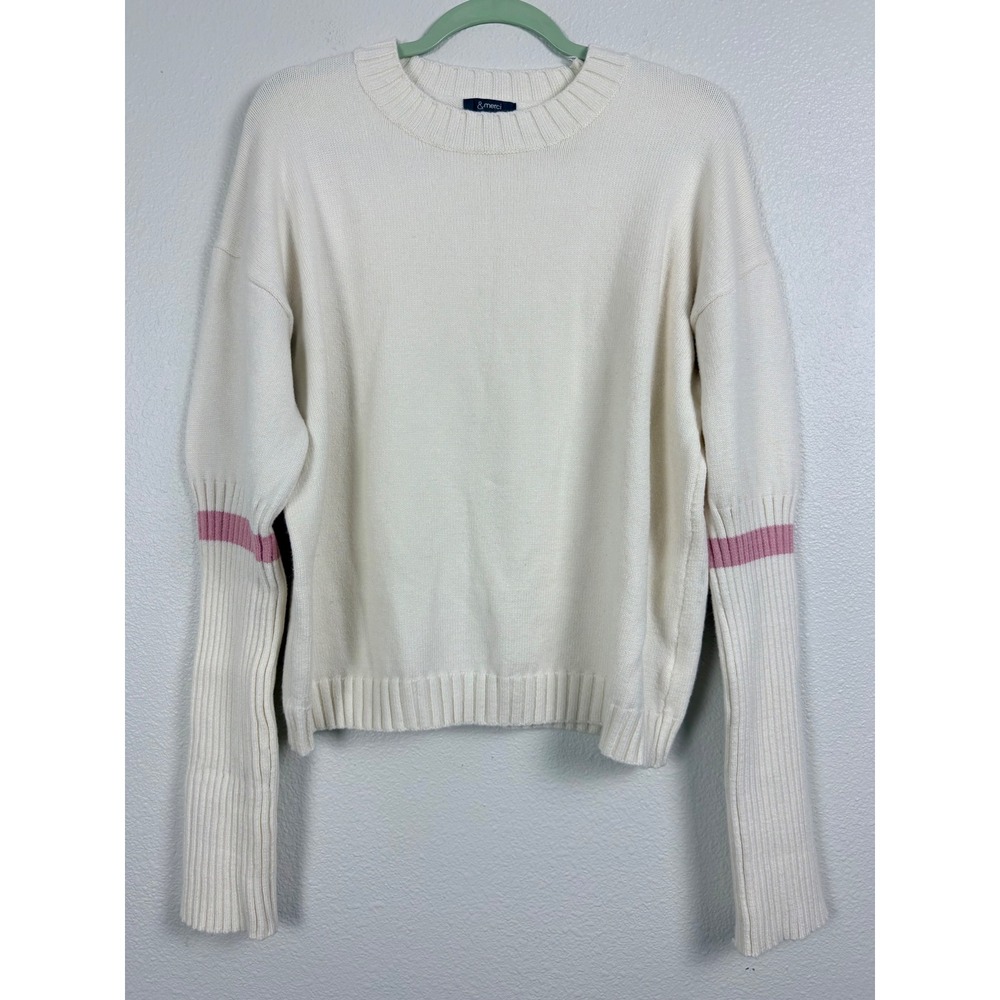 &merci Womens Crew Neck Sweater Cream Pink Stripe Long Ribbed Sleeve  Large Fall